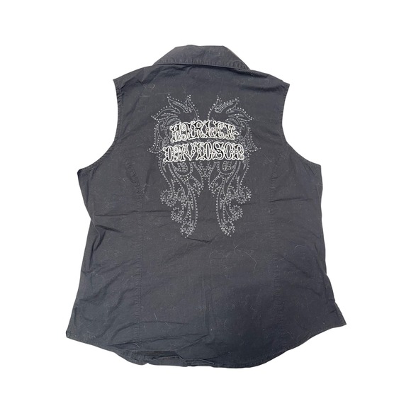 Harley Davidson Womens XL Black Sleeveless Button Down Embellished Wing Shirt - Picture 2 of 3